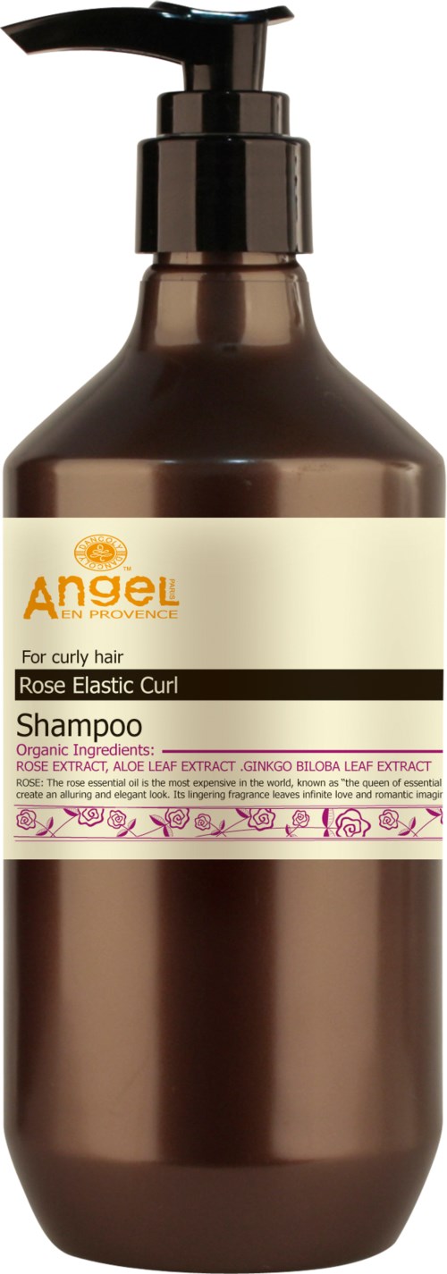 En brun pumpflaska märkt för lockigt hår, innehållande Rose Elastic Curl schampo med örtingredienser.