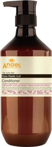 En brun flaska med pump, märkt som Angel Rose Elastic Curl Conditioner för lockigt hår, med naturliga ingredienser.