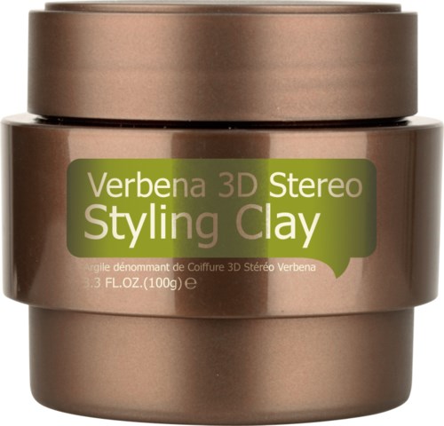 En burk med Verbena 3D Stereo Styling Clay med en grön etikett och brunt lock.