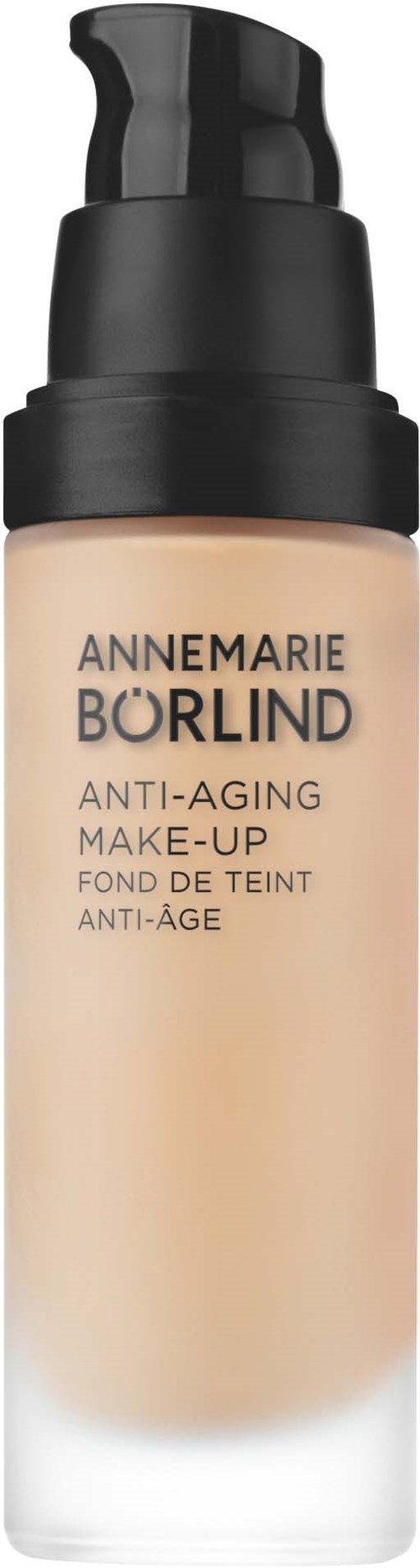 A beige bottle with a black cap and pump, labeled Annemarie Borlind anti-aging make-up.