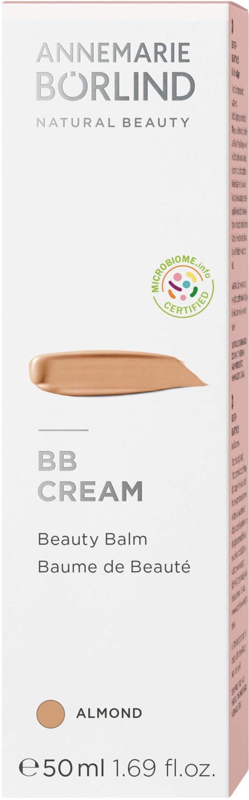 A beige tube of Annemarie Börlind BB Cream with almond scent, showing product name and a small swatch. Light pink box.