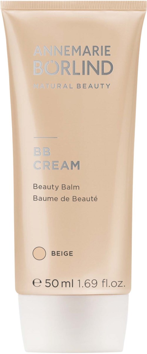 A beige BB cream tube with a white cap, labeled with the brand Annemarie Borlind, and details about the product.