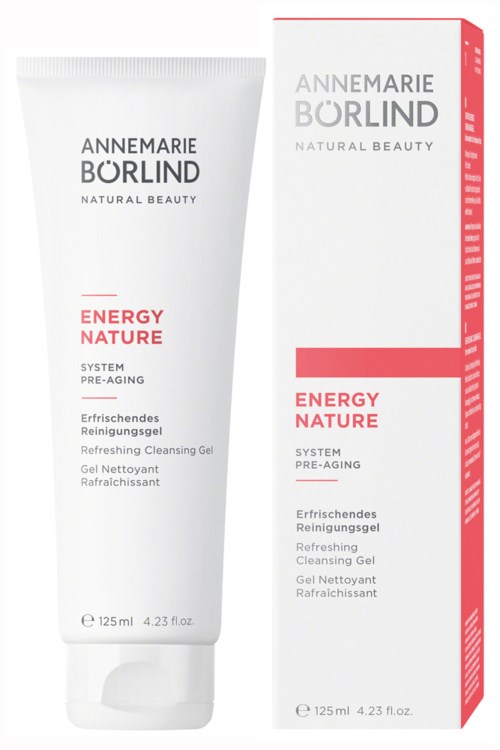 A white tube and box of Annemarie Börlind Energy Nature cleansing gel, with text describing the product features.