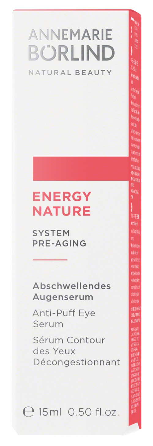 A white box with red accents displays skin care products, including eye serum and anti-puff eye cream, by Annemarie Börlind.