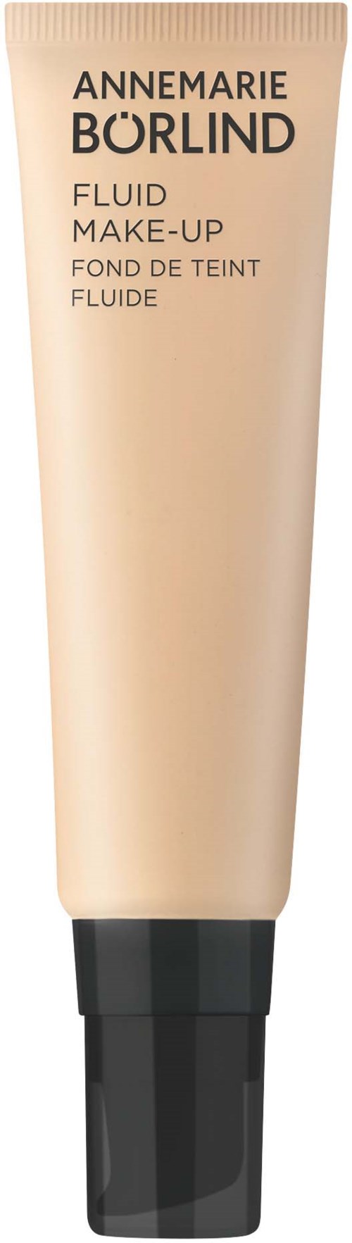A tube of Annemarie Börlind fluid make-up with black cap, beige body, and text on it.