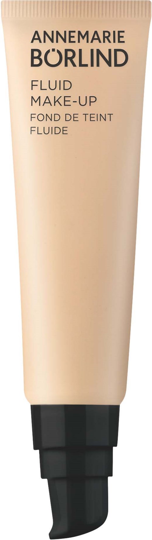 A beige tube of Annemarie Börlind liquid makeup with a black cap.