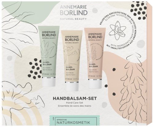 Tre handkrämstuber i grönt, beige och rosa med blad och abstrakta mönster, märkta Annemarie Borlind Natural Beauty.