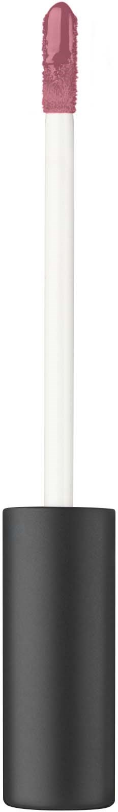 A lip gloss with a clear tube and pinkish gloss inside, with a black cap.