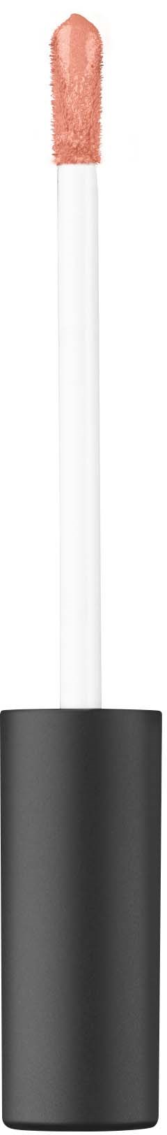 A lip gloss applicator with a light pink gloss and a black and white handle.