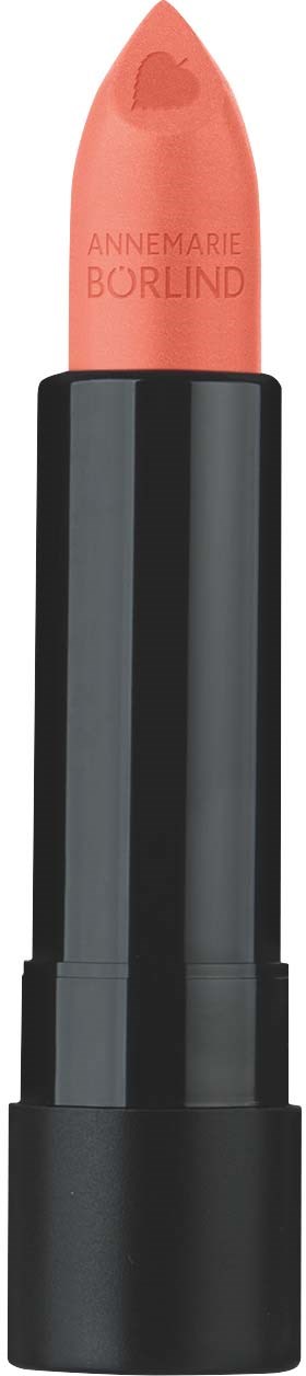 A peach-colored lipstick with the text 'ANNEMARIE BORLIND' on it, in a black tube.