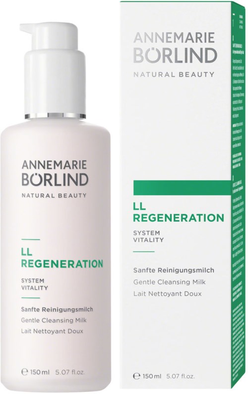 En hvit flaske med pumpe og en grønn og hvit eske. Begge er hudpleieprodukter fra Annemarie Börlind, merket LL Regeneration.