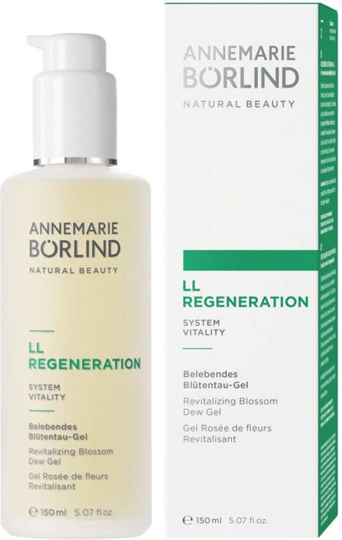 En vit flaska med pump bredvid en förpackning, båda märkta 'Annmarie Borlind LL Regeneration Revitalizing Blossom Dew Gel' och 150ml.
