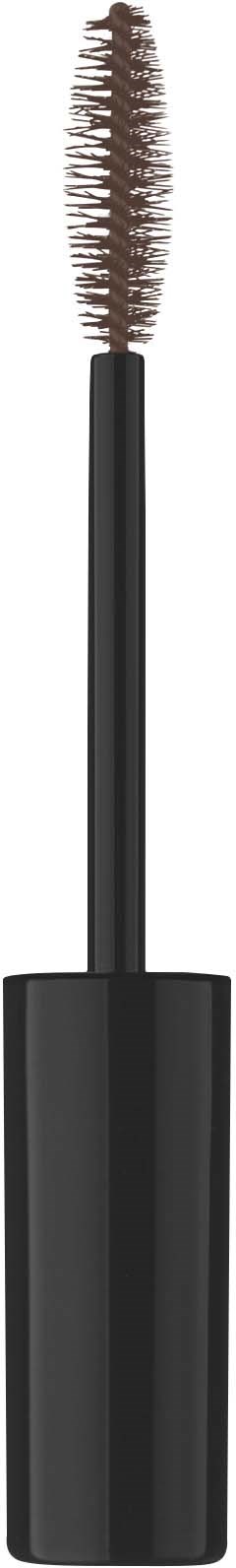A mascara wand with a black handle and brown brush, used for applying mascara to eyelashes.