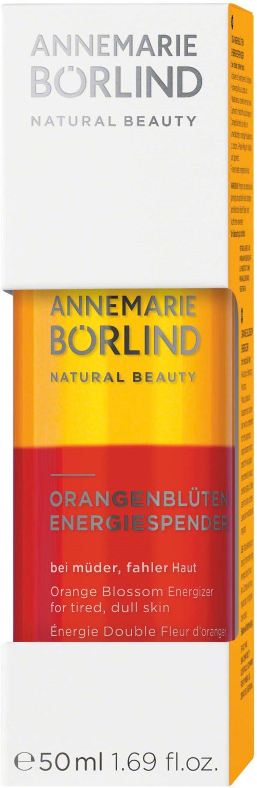 En låda med orange och röda färger som innehåller en hudvårdsprodukt som heter Annemarie Borlind Orange Blossom Energy Serum.