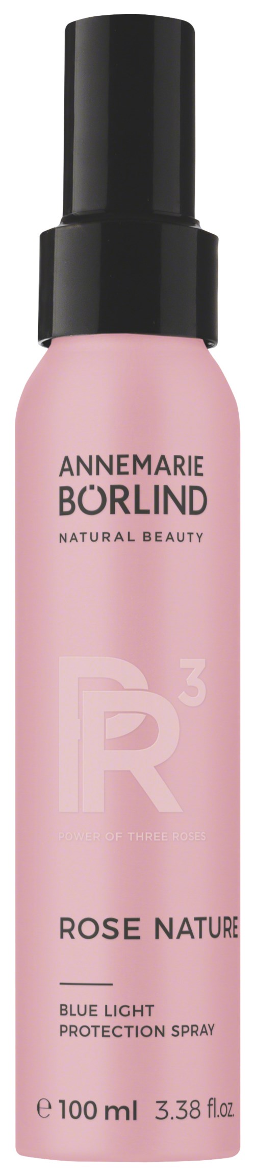 Pink spray bottle labeled 'Annemarie Börlind,' 'Rose Nature,' and 'Blue Light Protection Spray,' 100ml size.