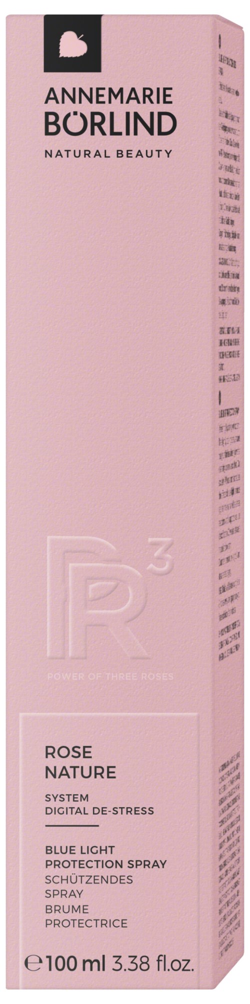 A tall pink box of Annemarie Borlind Rose Nature spray with product details on it.