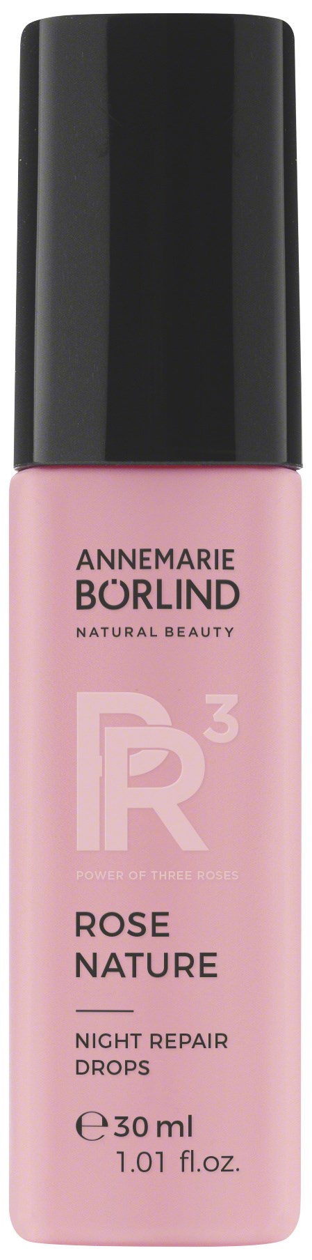 Pink bottle with black cap, labeled AnneMarie Borlind, night repair drops, for skin.