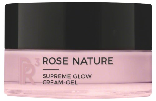 Hellrosa Dose mit Rose Nature Supreme Glow Cream-Gel und schwarzem Deckel.