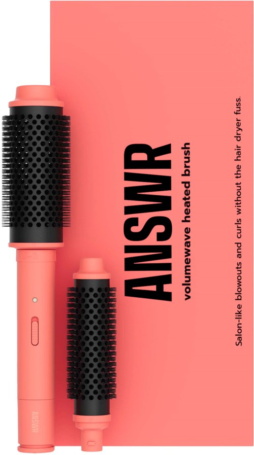 Rosa volymgivande värmepensel med svarta ventilerade behållare och en rosa box, märkt 'ANSWR'.