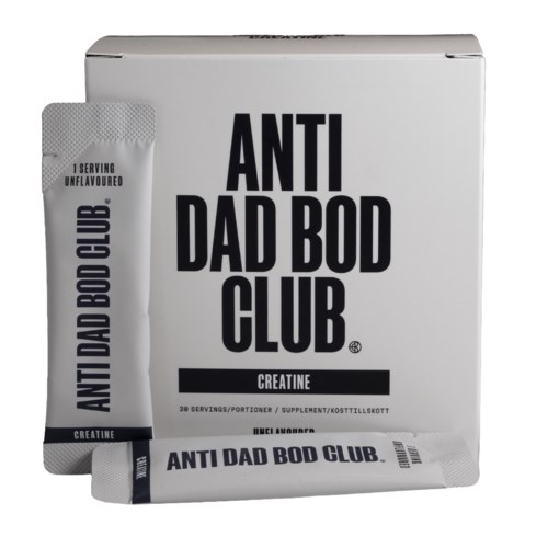En vit förpackning med svart fet text: Anti Dad Bod Club Creatine, visar ett kosttillskottspaket.