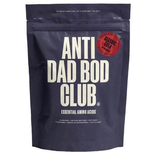 Dark blue resealable bag with white text reading Anti Dad Bod Club and a red sticker saying Classic Cola.