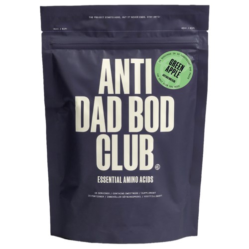 Green apple flavored supplement for skin and body care with essential amino acids. Brand: Anti Dad Bod Club.