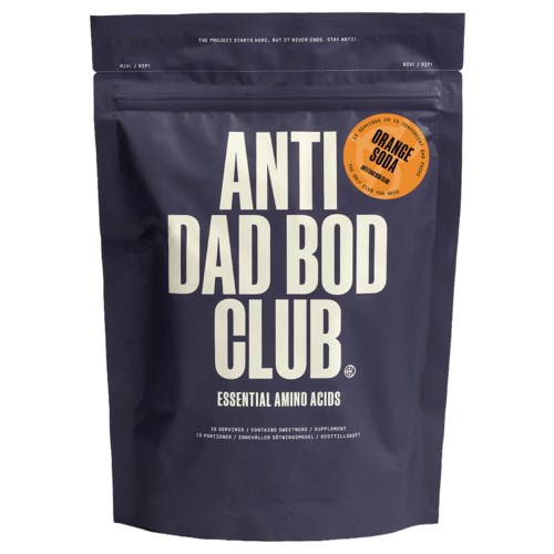 Dark purple resealable bag with large white text reading Anti Dad Bod Club and orange circle with orange soda flavor.