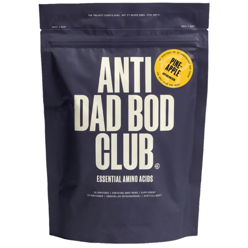 A dark blue bag with large white text reading Anti Dad Bod Club, Pine Apple flavor, and details about amino acids and ingredients.