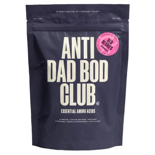 Dark blue resealable bag with white text that says Anti Dad Bod Club and mentions essential amino acids and red berries flavor.