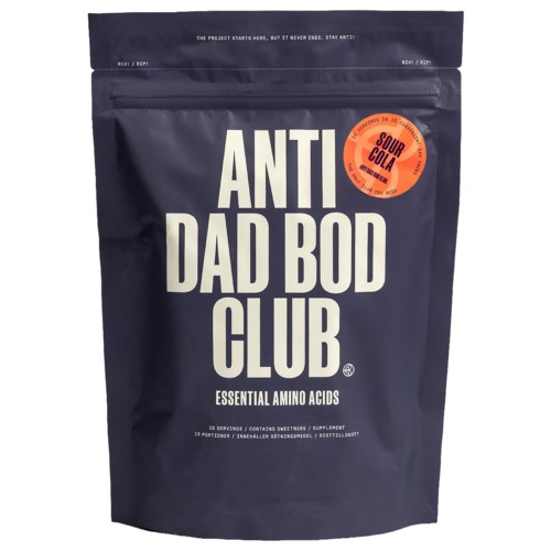 A dark blue resealable bag with white text reading Anti Dad Bod Club and an orange sour cola sticker.