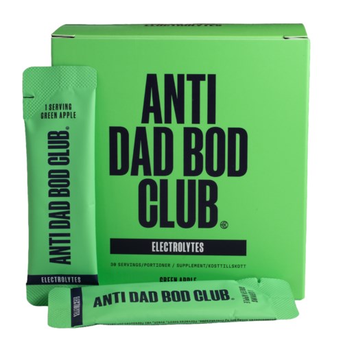 Green box with black text and two green sachets labeled Anti Dad Bod Club electrolyte supplement.
