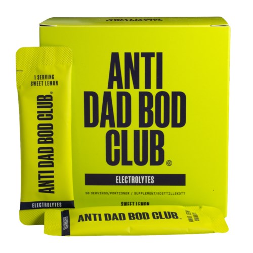 Box and individual packet of Anti Dad Bod Club electrolytes drink mix, lemon flavor, bright yellow packaging.