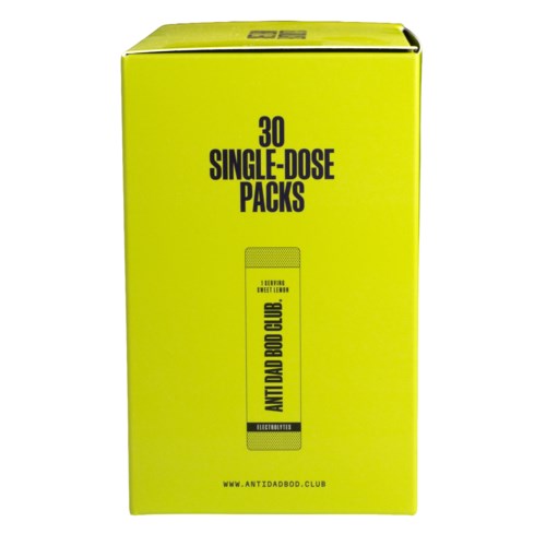 Bright yellow box with black text stating 30 single-dose packs of Antidabod. website link at the bottom.