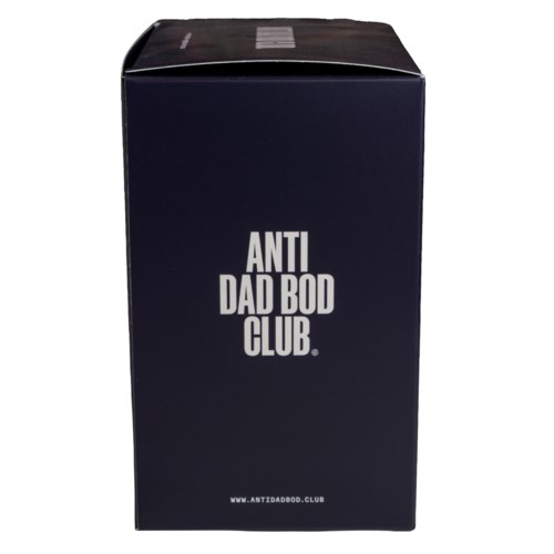 A dark box with white text that says Anti Dad Bod Club and a website URL at the bottom.