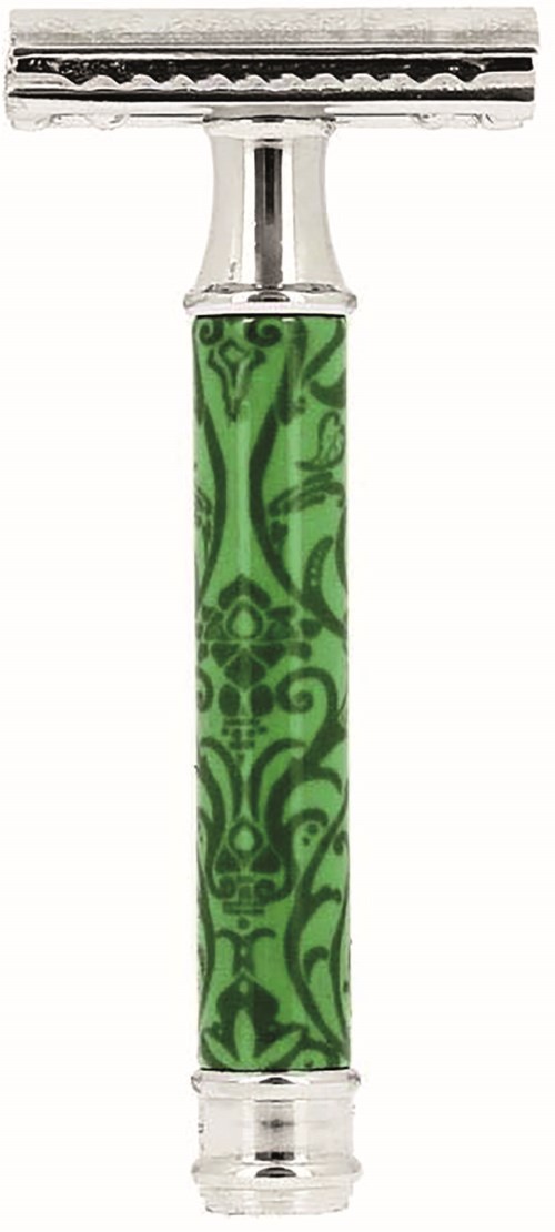 Een safety razor met een groen omlijst handvat en een zilveren scheermes.