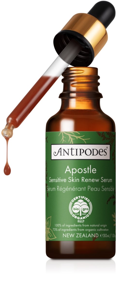A brown glass bottle with a green label and dropper, labeled 'Antipodes Apostle Sensitive Skin Serum'.