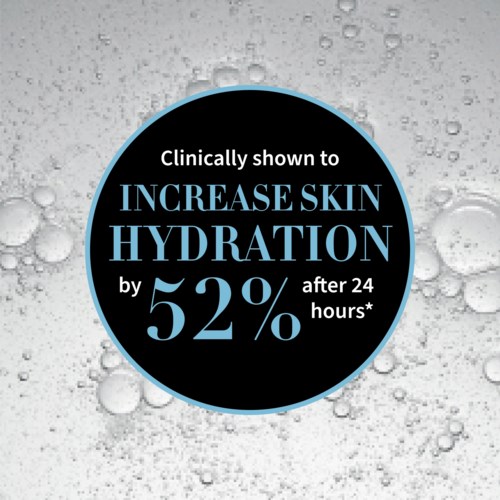 En svart cirkel med vit och blå text hävdar att hudhydration ökar med 52% efter 24 timmar.