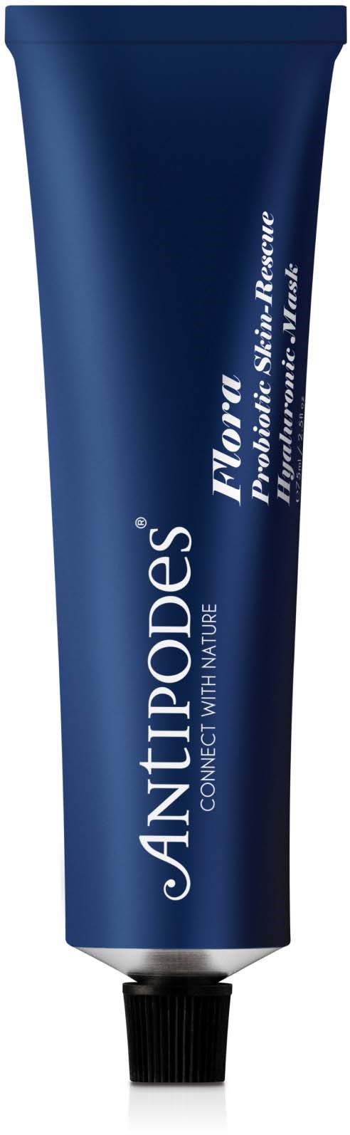 Niebieska tubka z białym i jasnoniebieskim tekstem reklamująca produkt do skóry Antipodes, oznaczony 'Nourish' i 'Replenishing Skin Face'.