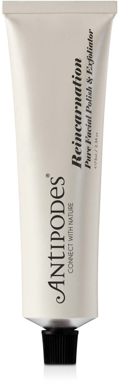 A white tube of skincare cream with black cap, labeled "Antipodes Reincarnation Purifying Facial Mask & Exfoliator."