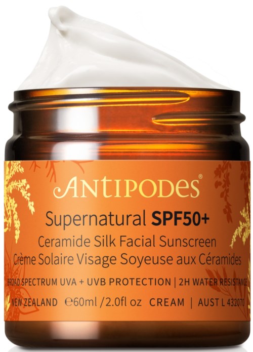 Krem w słoiczku z pomarańczową naklejką, SPF 50+ krem do twarzy, zawiera ceramidę, chroni przed UV, wodoodporne.