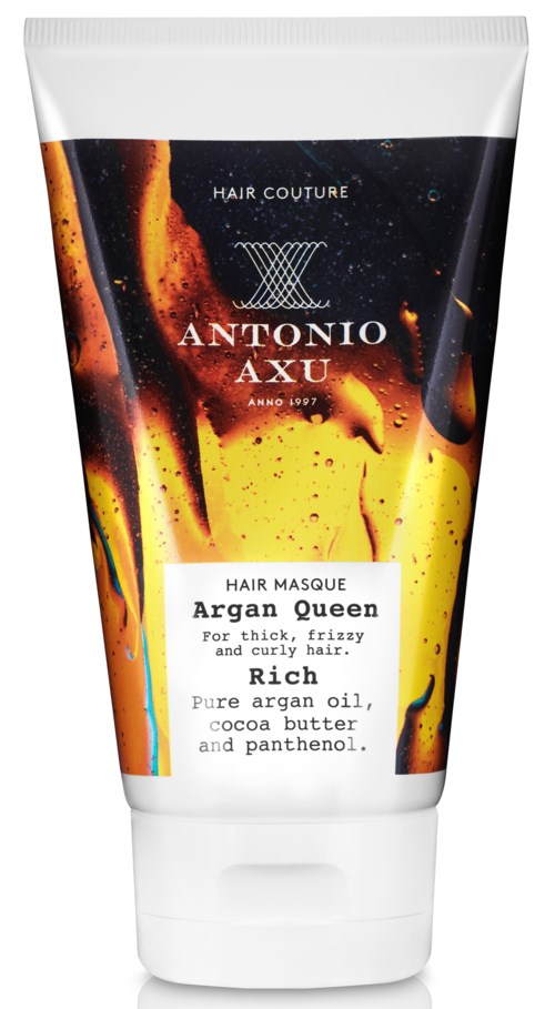 Hiusnaamio, nimeltä 'Argan Queen', tarkoitettu paksuille kiharoille hiuksille, sisältää arganöljyä, kaakaovoi ja panthenolia.