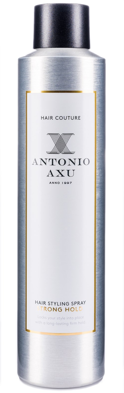 En silverflaska med svart lock märkt 'Antonio Axu' och 'Hair Styling Spray'.