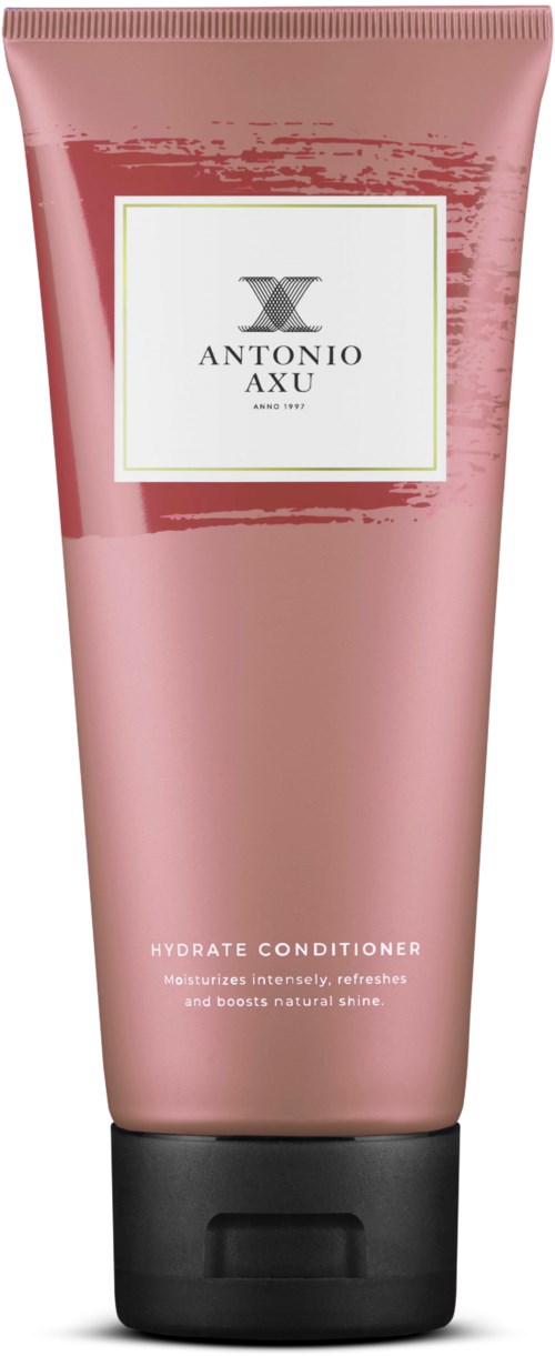 Rosa tube med Antonio Axu Hydrate Conditioner og svart lokk, tekst om fuktighet og naturlig glans.