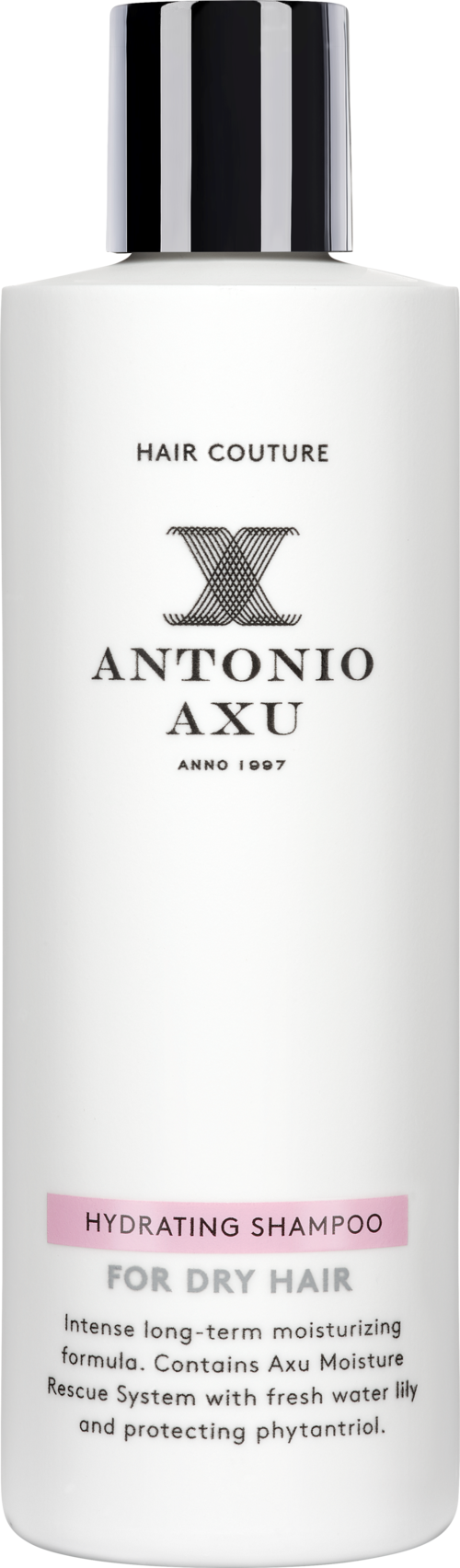 En hvit flaske merket Antonio Axu Hydrating Shampoo for tørt hår med svarte og rosa detaljer.