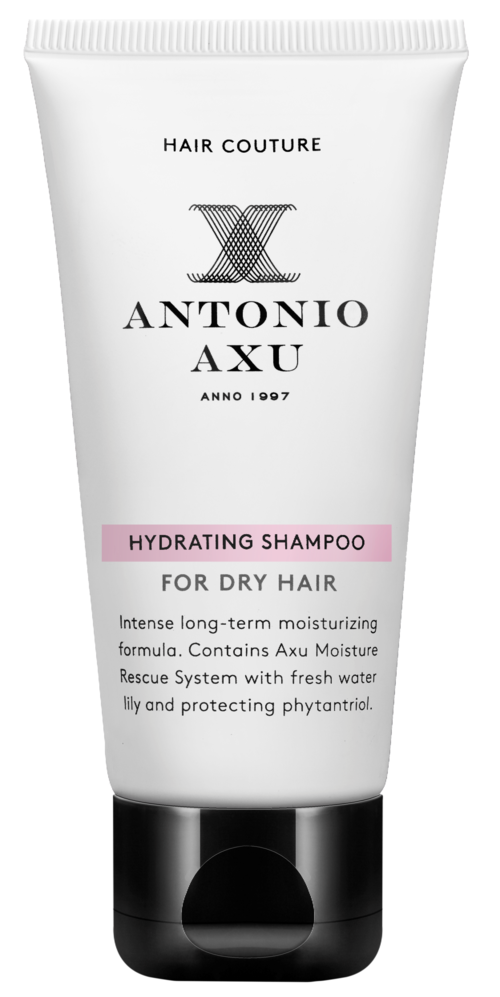 En hvit tube med svart sokk merket Antonio Axu Hydrating Shampoo for tørt hår med rosa fremheving.