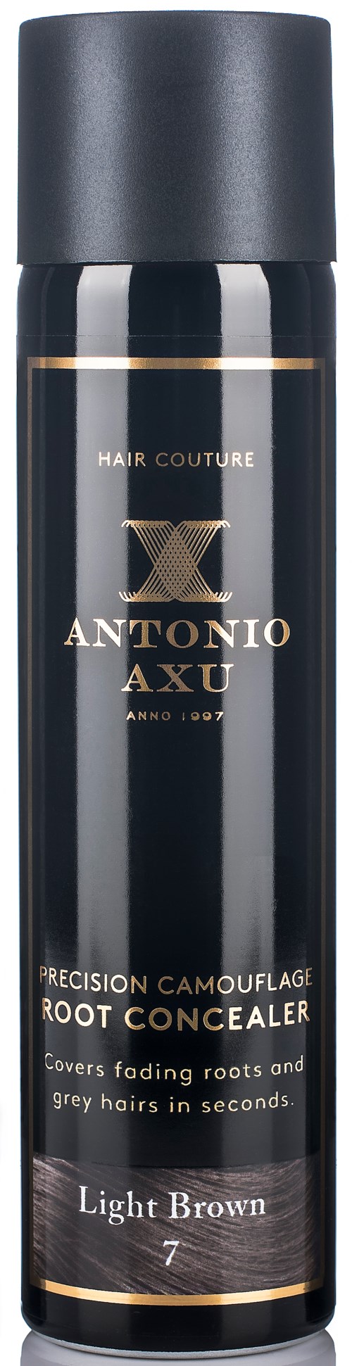 En svart sprayburk med guld- och vit text för hårrötter, märkt Antonio Axu, ljusbrun nyans.