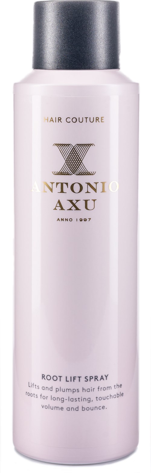 En vit flaska med silverlock, märkt 'Root Lift Spray' för hår, av Antonio Axu.