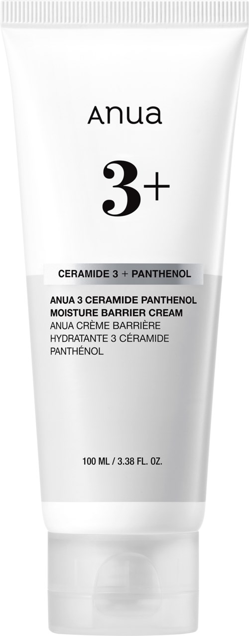 A white tube labeled 'ANUA 3+ Ceramide Panthenol Moisture Barrier Cream.'
