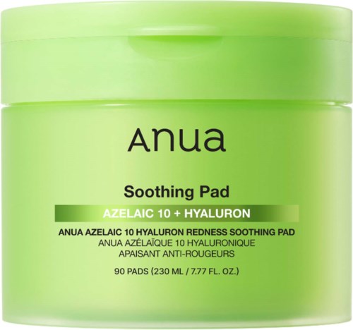 Grönt förpackning med Anua lugnande pads med hyaluronsyra och azelainsyra, innehåller 90 pads.