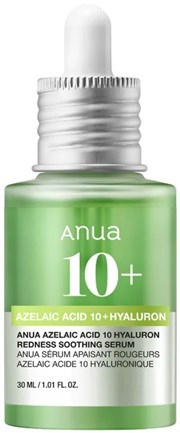 Grønn dråpetypeflaske med Anua 10+ Azelainsyre og Hyaluronsyre Serum med hvit tekst. Skoggrønn emballasje.